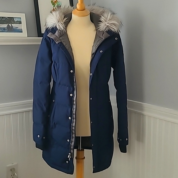 Spyder Eva Parka Winter Coat Jacket sz S Navy Blue Faux Fur Trim - Picture 1 of 9
